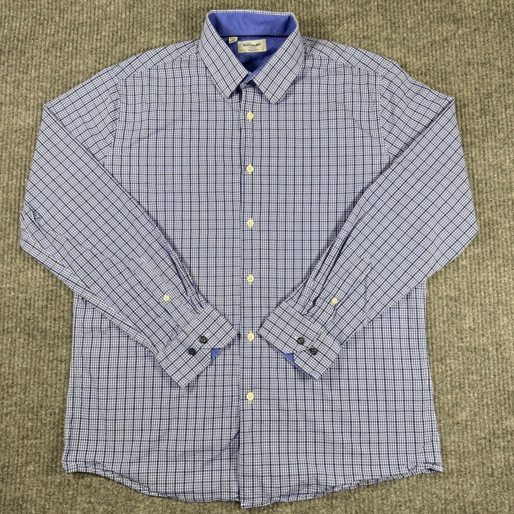 Duchamp London Mens Tailored Fit Gingham Button Down Shirt Blue White 17/XL - Picture 3 of 10